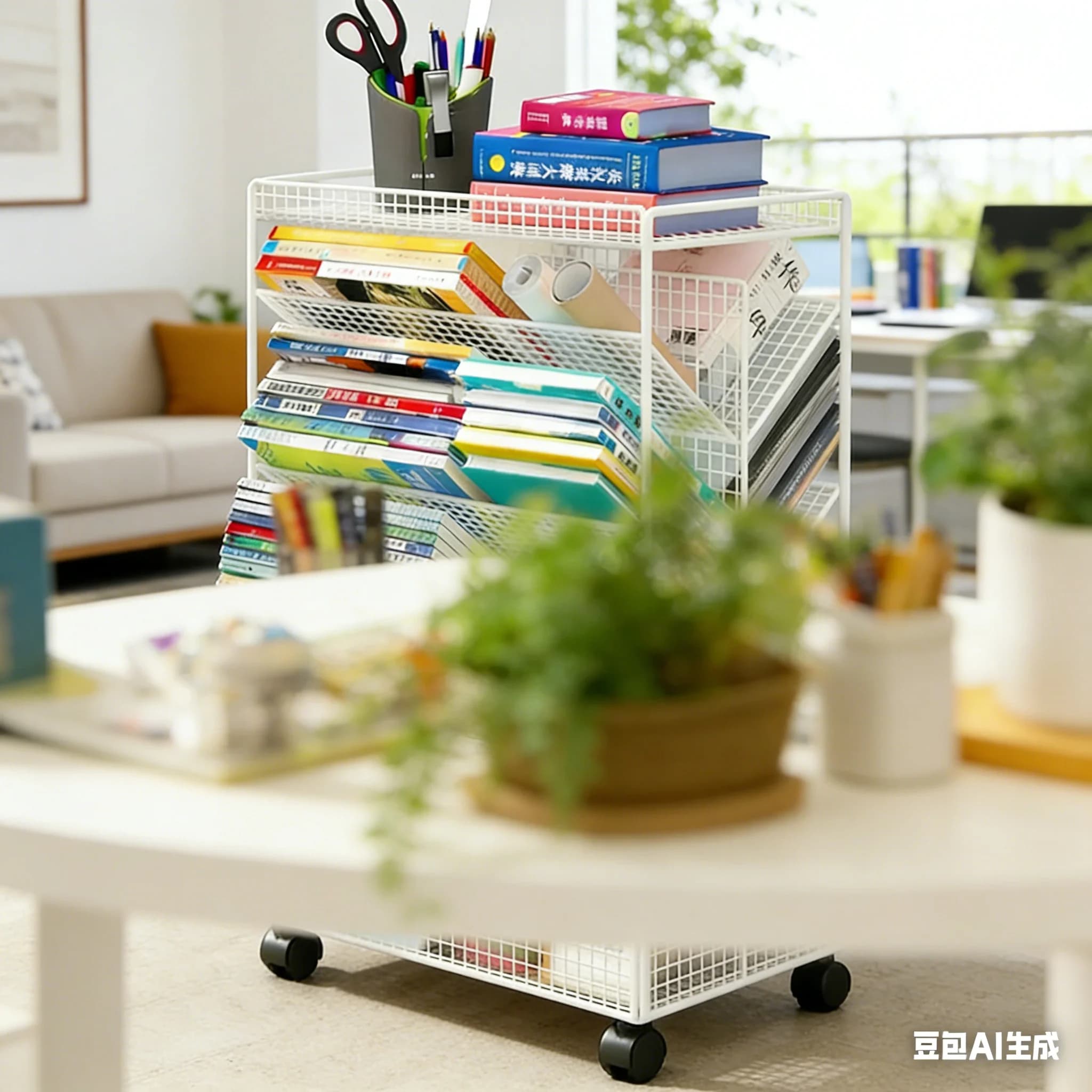 AOLIVIYA Libreria Moderna Mobile con Ruote e Organizer Laterale per Scrivania, Scaffale Porta Libri da Terra per Aula e Casa