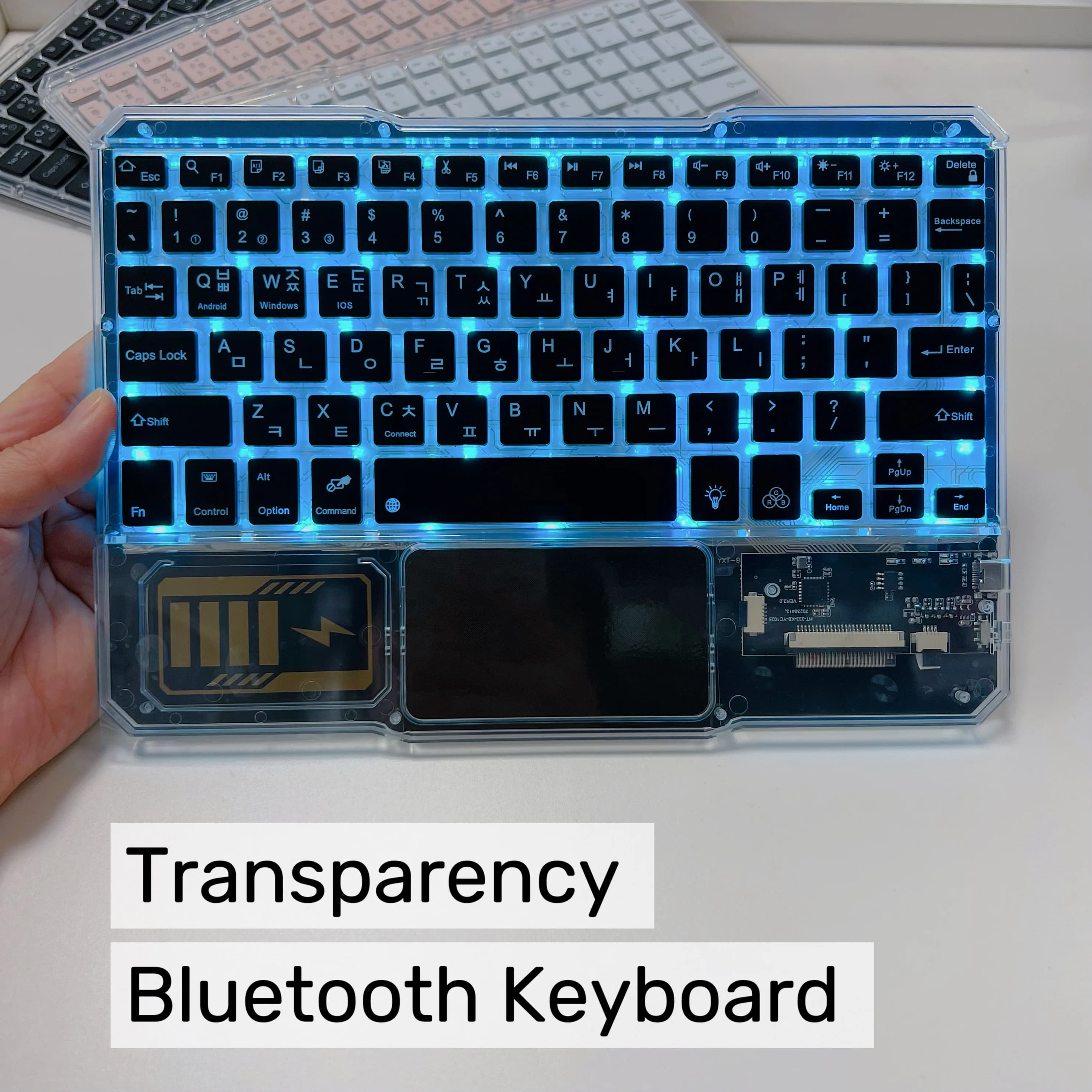 Trasparenza led rgb ricaricabile Blue-toothWireless tastiera coreana giapponese francese arabo Touchpad Tablet per iPad Android