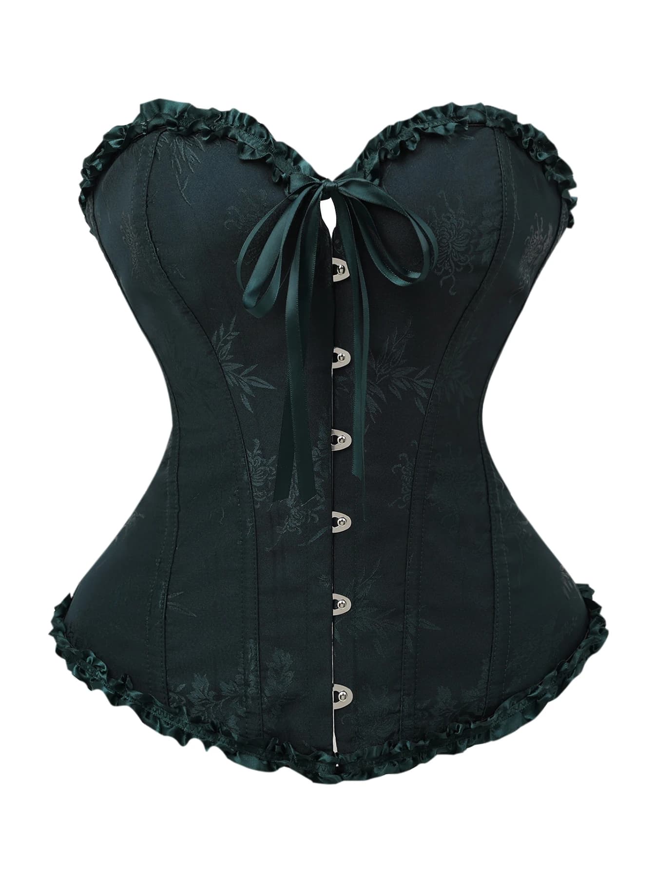 Elegant Forest Green Jacquard Corset Top Leaf Trim Belted Bodice Front Clasp Back Ties Party Wear