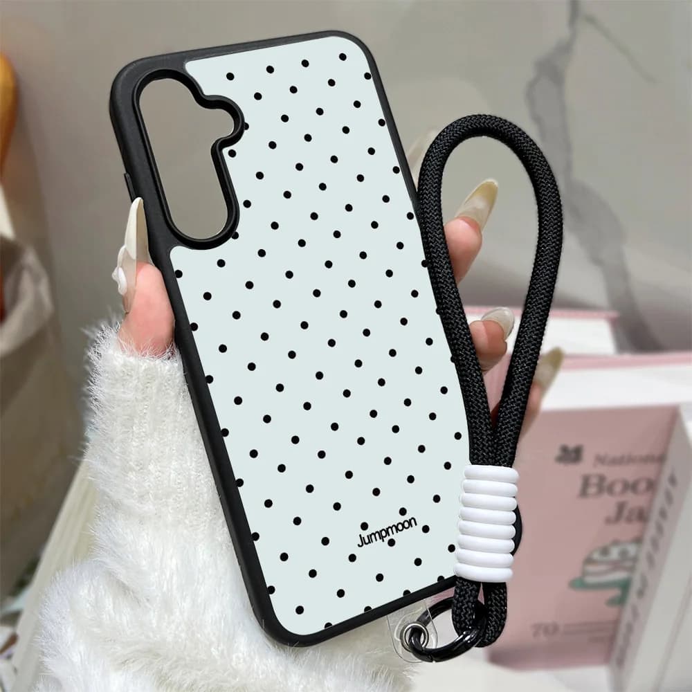 Korean phone case with polka dots for Samsung Galaxy A16 A56 5G A17 A55 A54 A36 A07 A26 S25 Ultra S24 FE S23 with cord