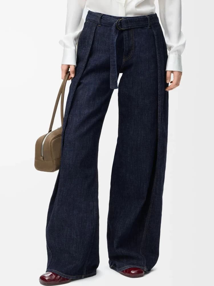 Jeans Minimalisti a Vita Alta e Gamba Larga per Donna, Pantaloni Lunghi Larghi Stile Old Money, Collezione Invernale