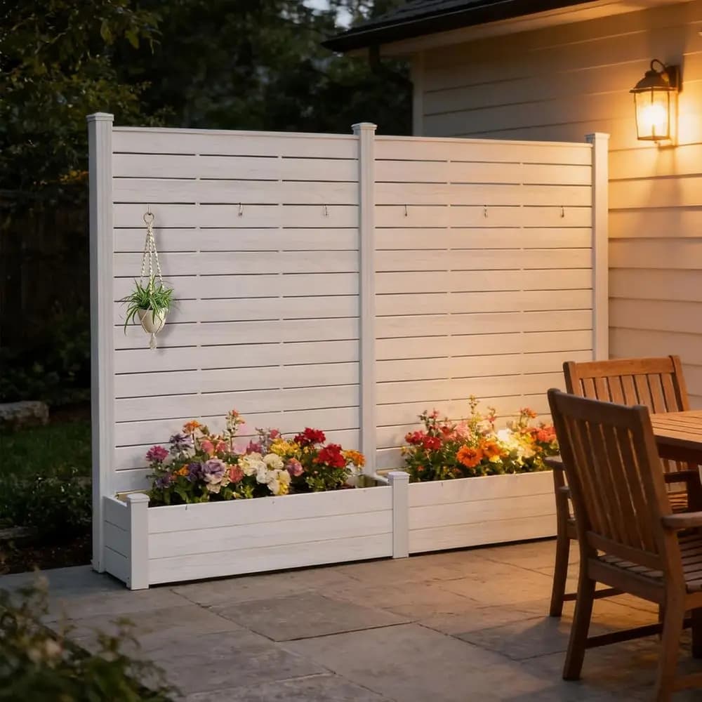 70 High x 51 Wide Outdoor Privacy Screen with Planter, Waterproof, Thick Wood-Plastic Boards, White