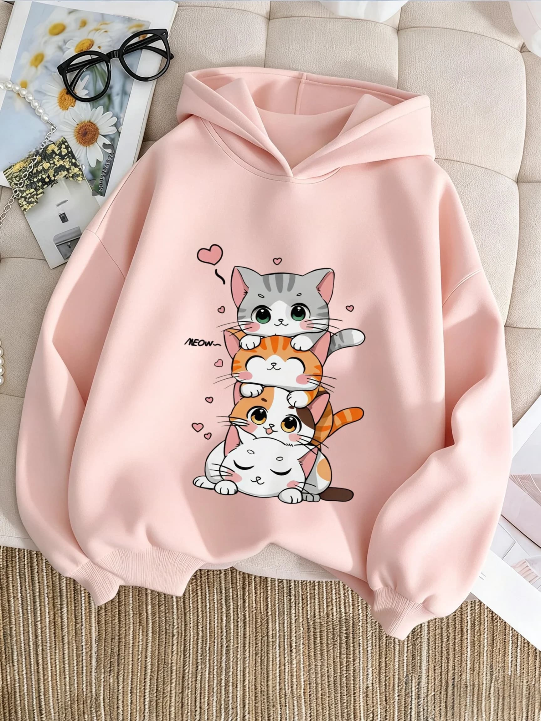Latest cartoon cute pet kitten print children's hooded sweatshirt - large size 2K long-sleeved sports shirt