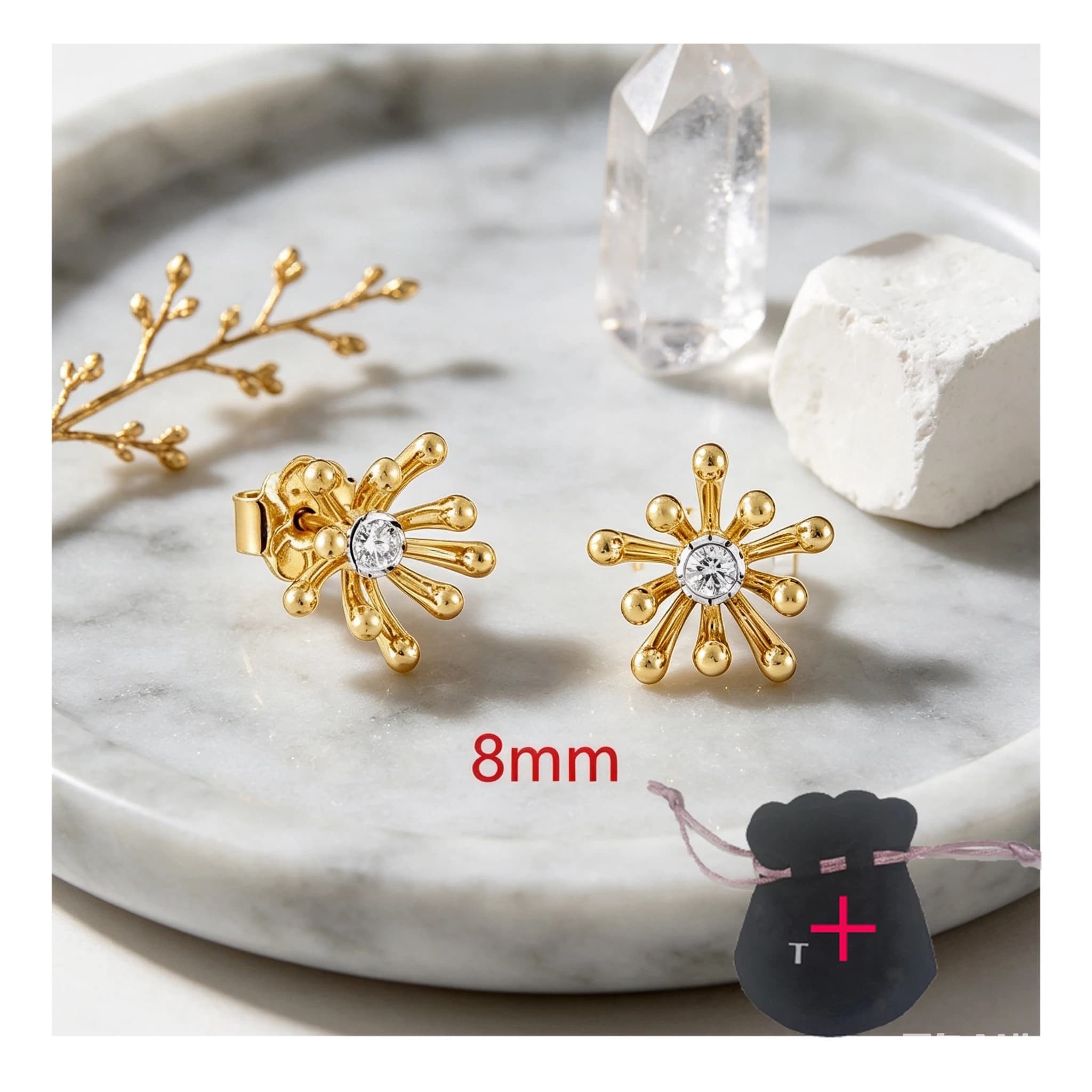 8mm Gold Sunburst Stud Earrings Inlaid Round Clear Zircon Sparkly Women Jewelry Elegant Design for Daily Wear Wedding Party Gift Selection