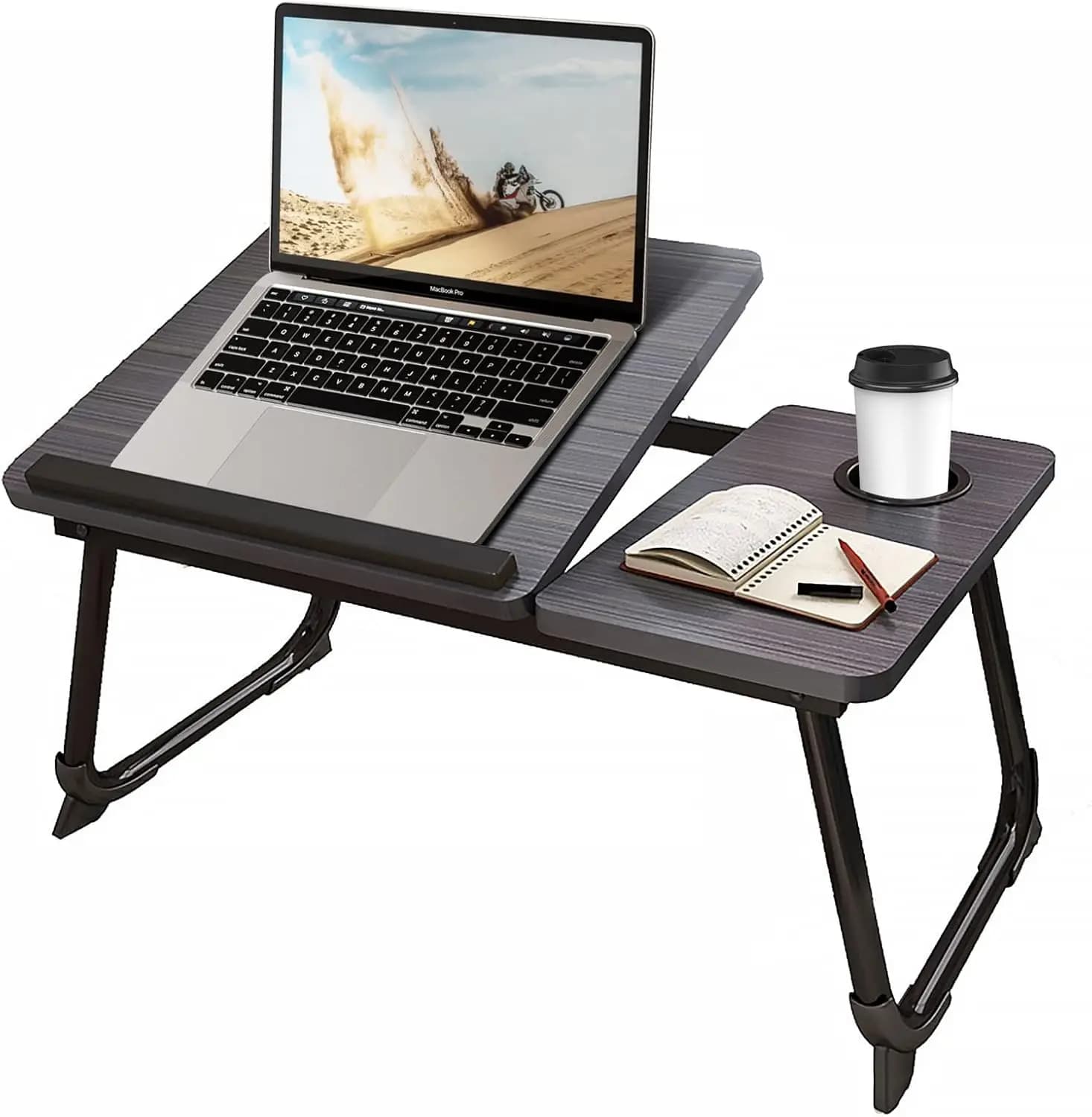 Tavolino Portatile per Laptop da Letto o Divano con Portabicchieri, Gambe Pieghevoli, Ideale per Home Office e Visione Film, Nero