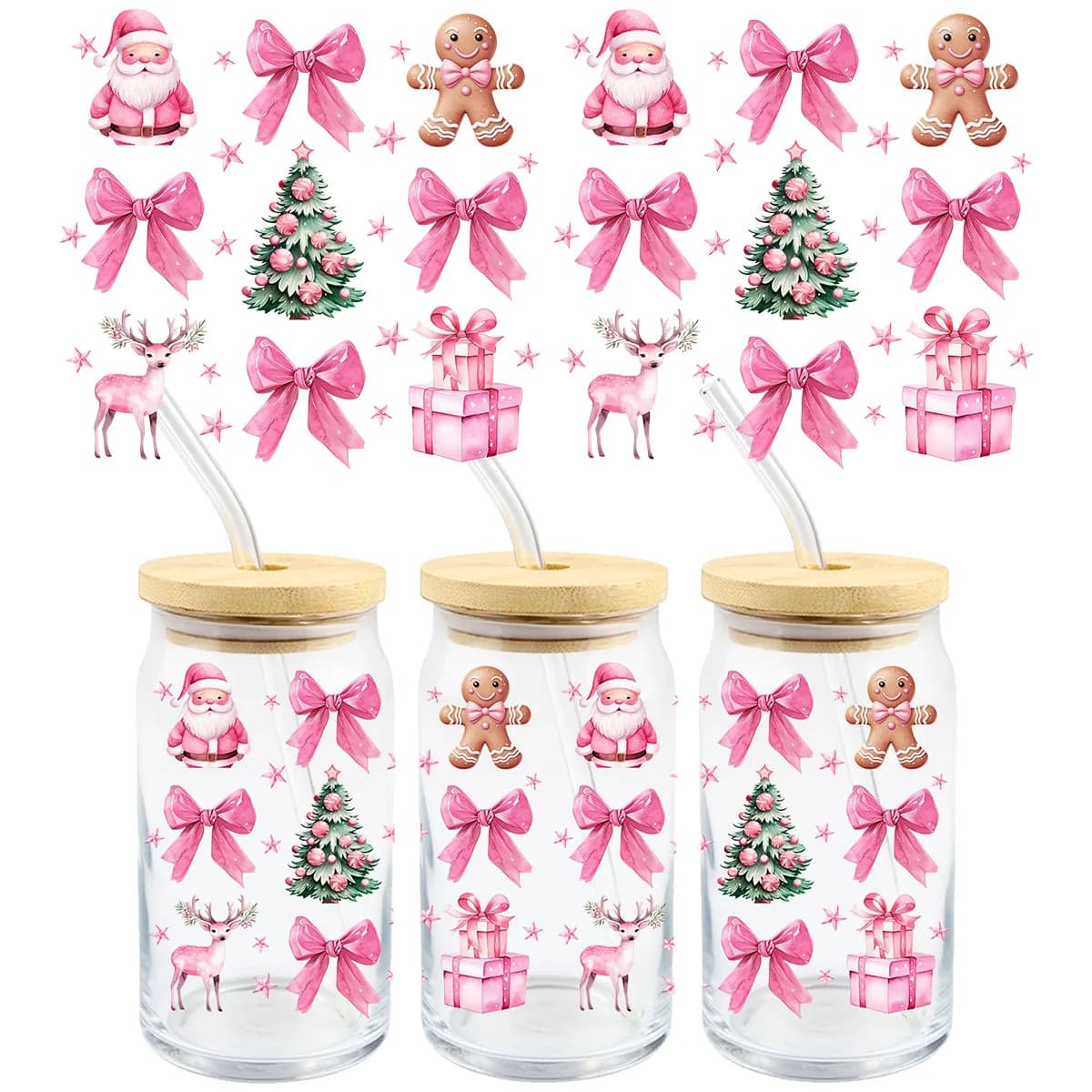 Pink Santa Claus Bow Christmas Tree UV DTF Transfer Sticker Libbey 16oz Glass Cups Wraps Coffee Mug Decals Party Xmas Home Decor
