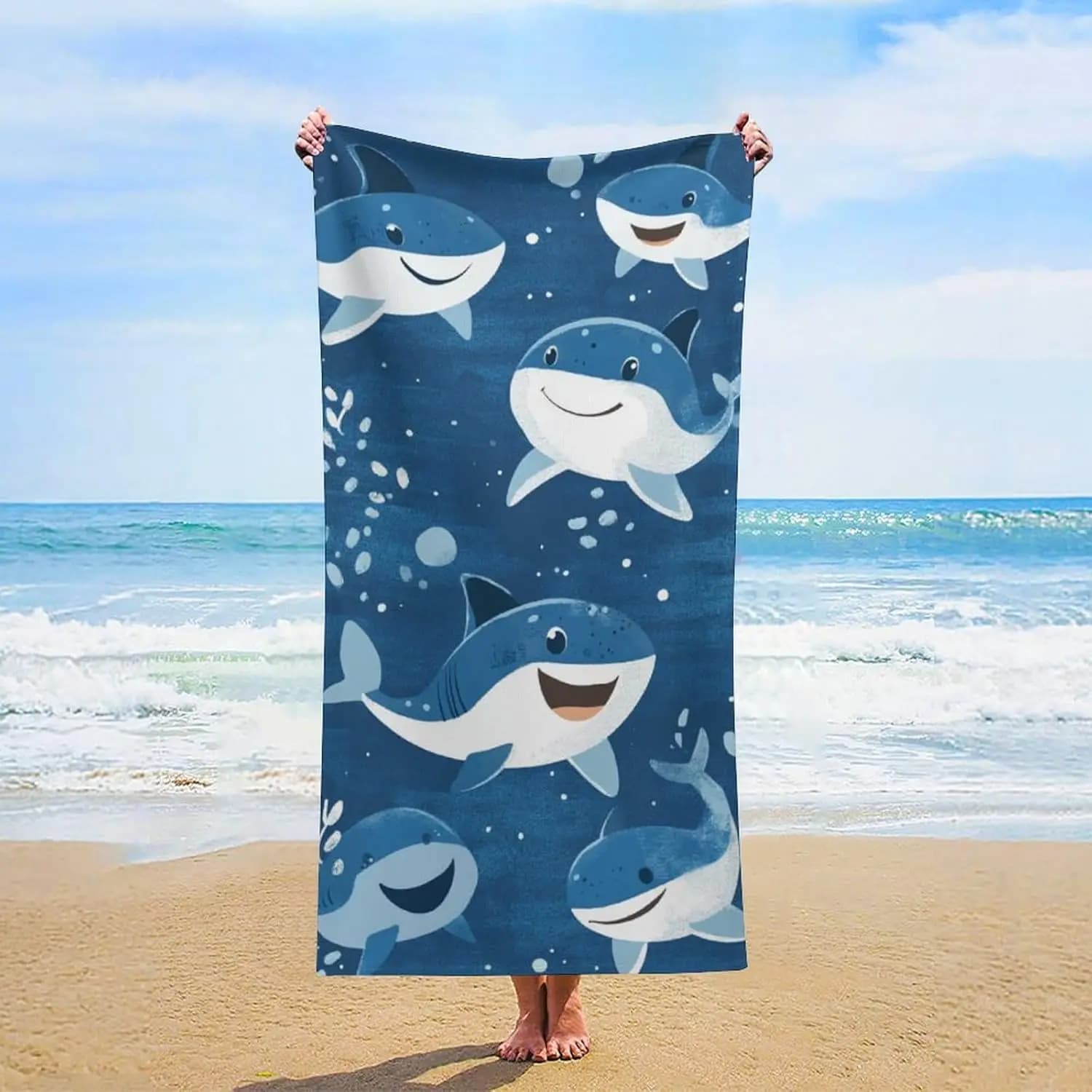 Asciugamano da Spiaggia in Microfibra Shark, Anti-Sabbia, Asciugatura Rapida, Leggero, Grande, per Adulti e Bambini