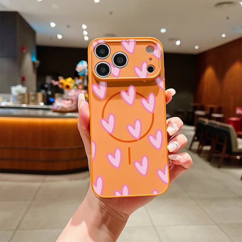 Pink Love Heart Print Phone Case For iPhone 13 Pro Max 12Pro 11 Pro Magnetic For Magsafe Wireless Charge Lens Protect Cover