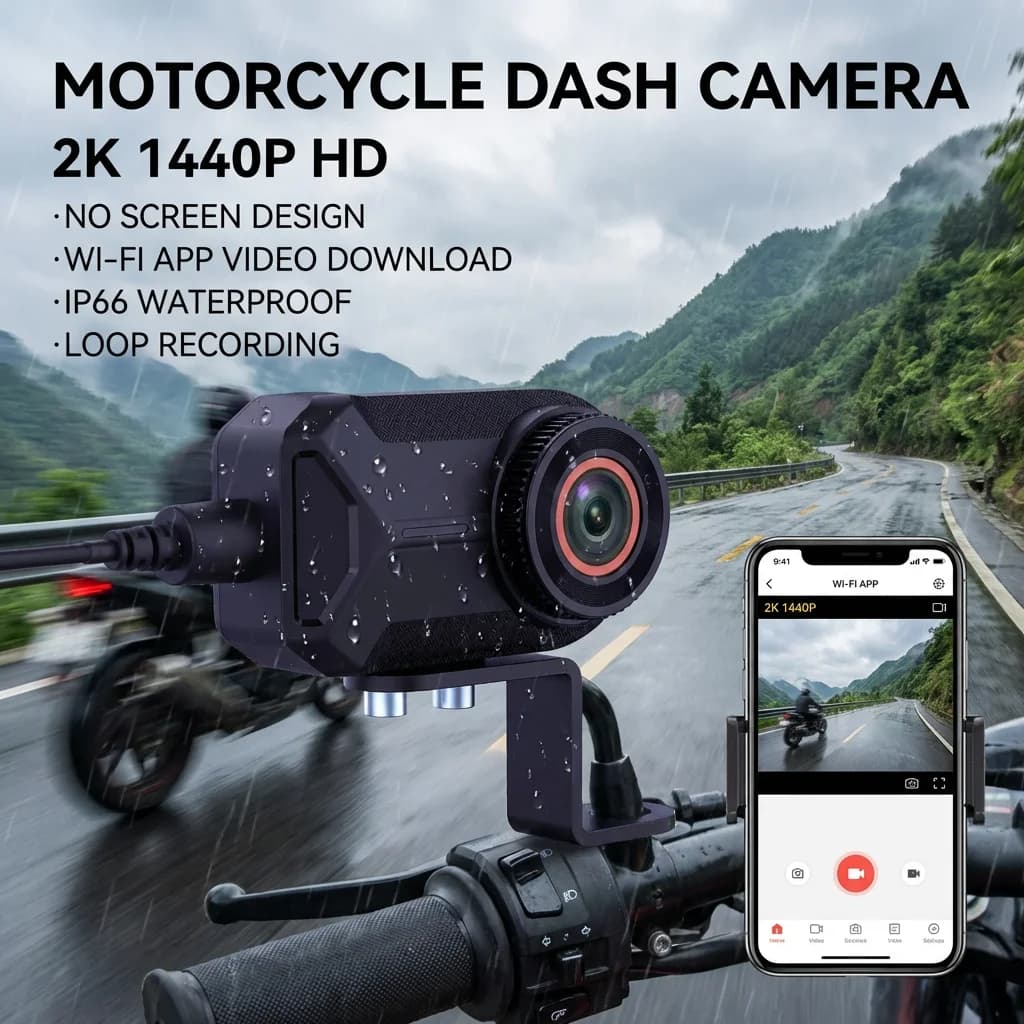 Telecamera da cruscotto per moto 2K 1440P HD senza schermo, Wi-Fi, download video tramite APP, impermeabile IP66, registrazione in loop per moto e scooter