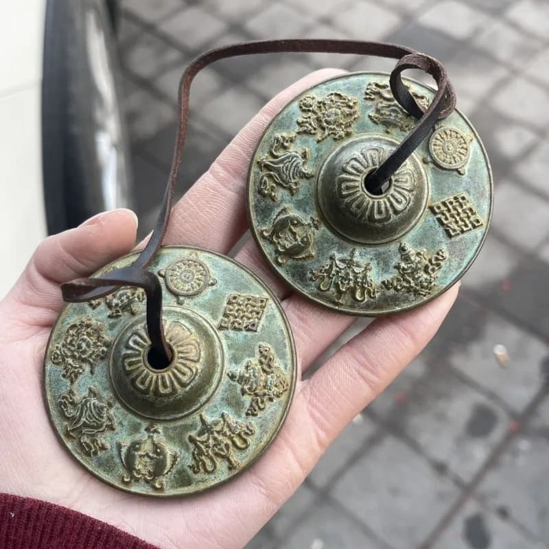 Antique Tibetan Auspicious Symbols Cymbals Sanskrit Chime Bells Meditation Gong for Spiritual Healing Mindfulness Buddhist