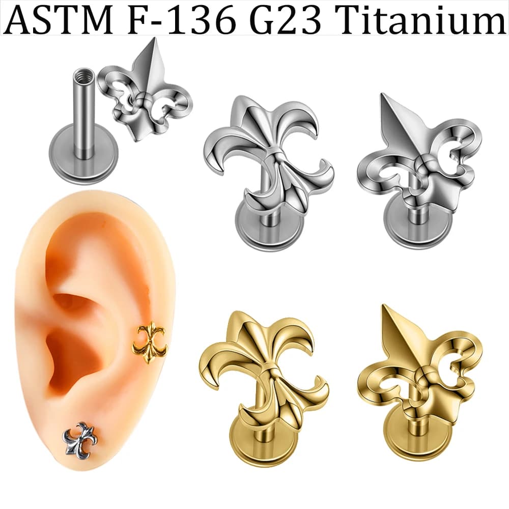 1 Pezzo Piercing Labret in Titanio G23 con Filettatura Interna, Design Corno di Bue/Ancora, 16G, per Conch, Helix, Tragus