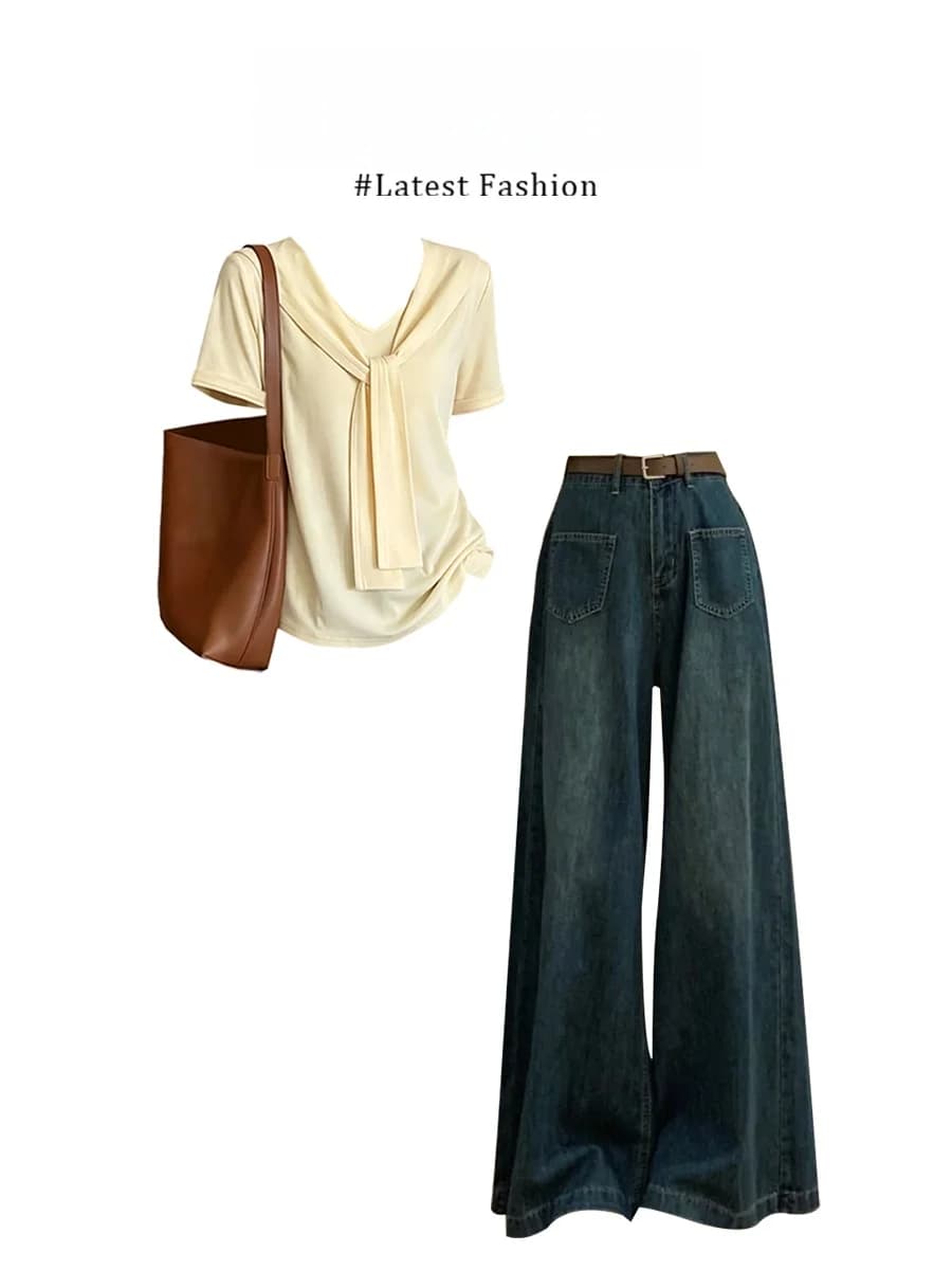 Parkyeon Women's Casual Fashion Summer Set V-neck Short Sleeve T-shirt with Loose Jeans Two-Piece Suit Comfortable Breathable