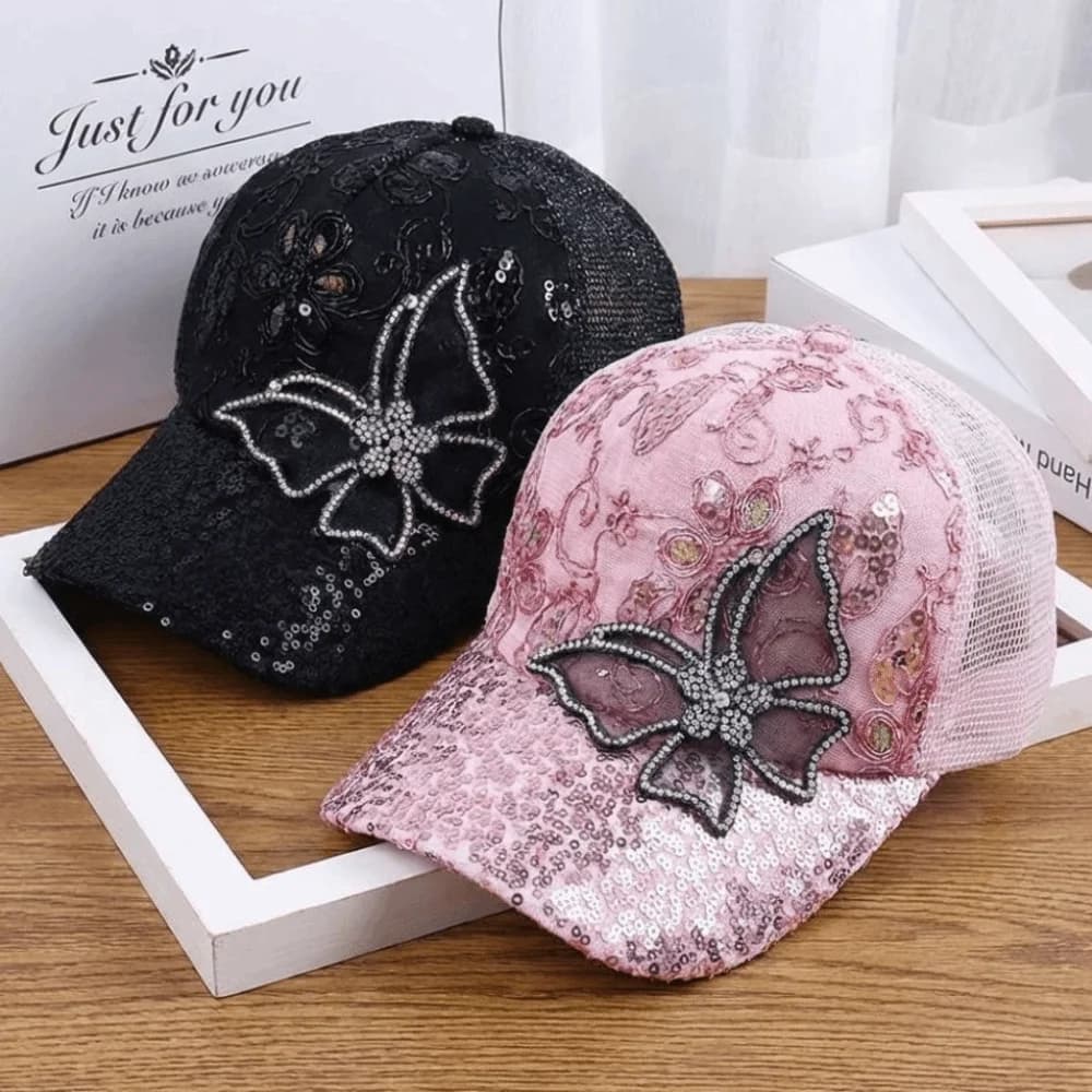 Cappellino da Baseball da Donna in Rete alla Moda, Traspirante, Nero con Strass, Cappello Parasole Regolabile con Decorazione a Farfalla, Berretto con Visiera per Primavera Estate Autunno