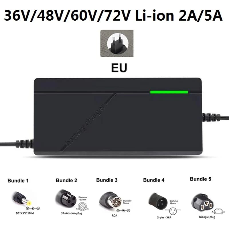Caricatore 48V/60V/72V Caricatore batteria agli ioni di litio 2A/5A 54.6V/67.2V/84V Spina UE a ricarica rapida intelligente con ventola di raffreddamento