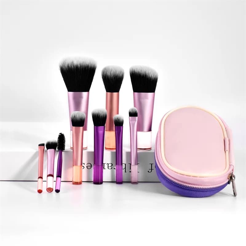 Set di pennelli per trucco, 10 pezzi di plastica mini con borsa Pennello per trucco multifunzionale a casa o Pennello per scolpire bellezza in movimento