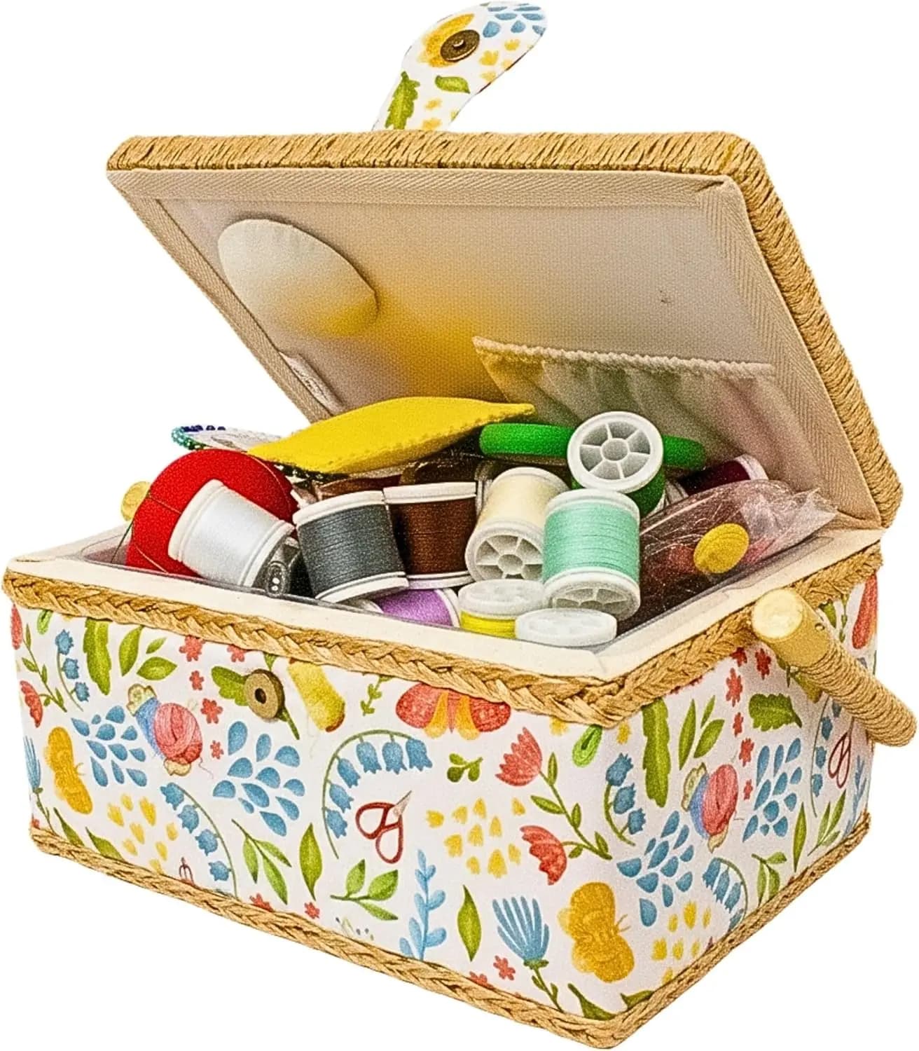 Grande cestino da cucito in legno con kit completo, vassoio rimovibile, cuscino per pomodoro per principianti e rammend