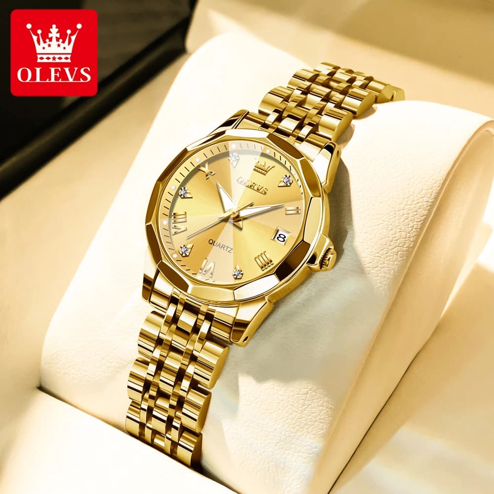 OLEVS Orologio dorato alla moda da donna Orologi da donna impermeabili in acciaio inossidabile Orologio da polso al quarzo da donna di lusso originale ed elegante