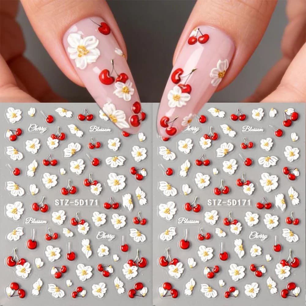 Adesivi per Unghie 5D con Motivo Floreale Primaverile, Fiori di Ciliegio, Decorazioni 3D per Manicure Fai-da-Te