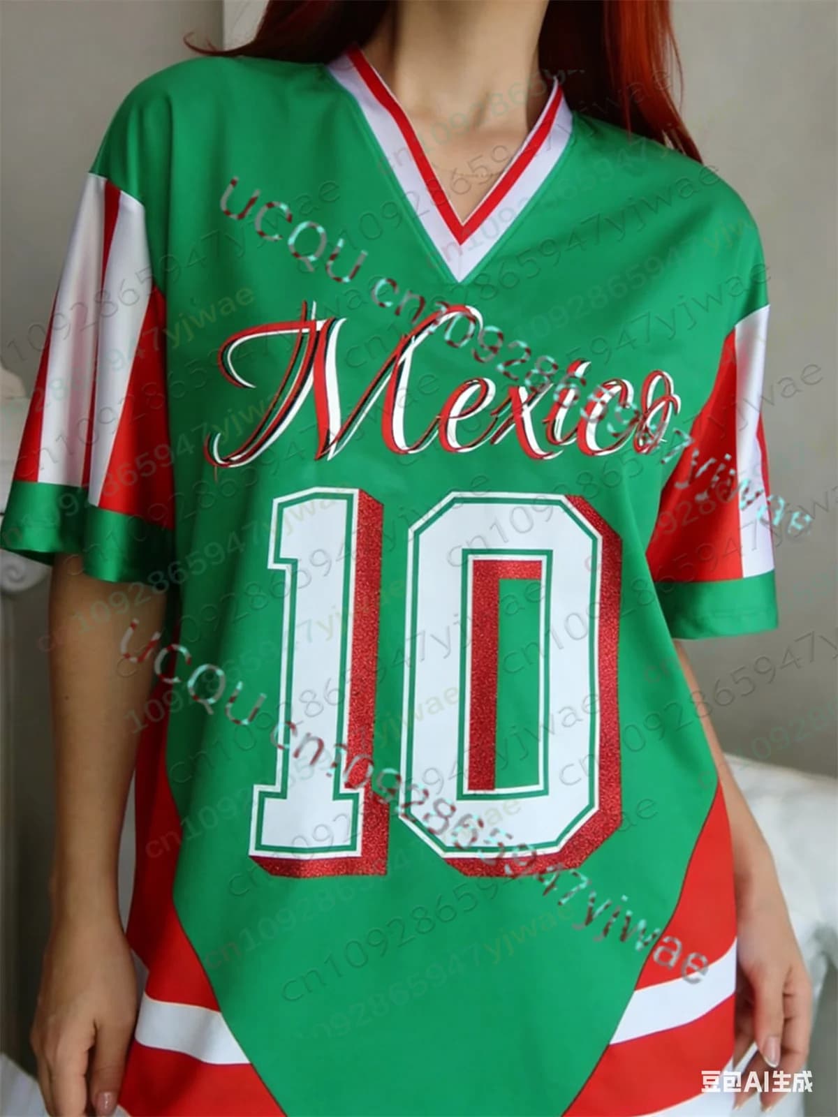 Maglia da Calcio Messico 2026 N.10 Bicolore Rosso Verde, T-Shirt Donna Estiva con Scollo a V, Stile Streetwear Y2K alla Moda, Top per Feste