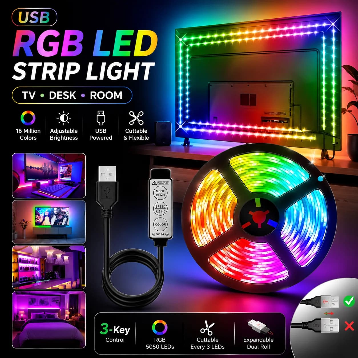 USB RGB LED Strip Light 5050 LED TV Backlight with 3 Key Controller, Color Changing LED Light Strip for Gaming Desk Bedroom Room Decoration, Flexible USB Powered Ambient Lighting for Monitor TV Wall Decor