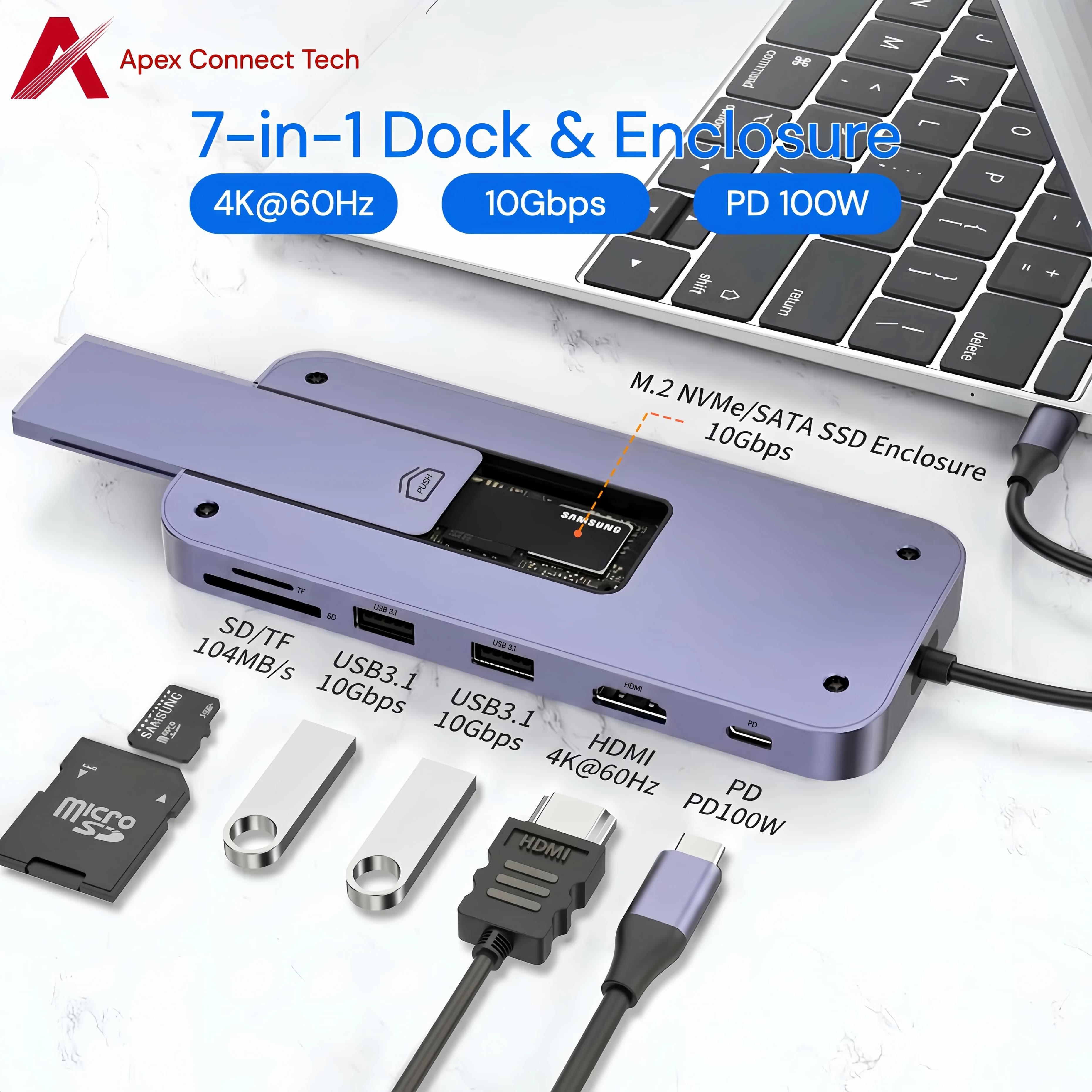 USB C Hub with M.2 NVMe SATA SSD Enclosure HDMI 4K 60Hz 10Gbps PD 100W Card Reader Docking Station Multiport Adapter for MacBook