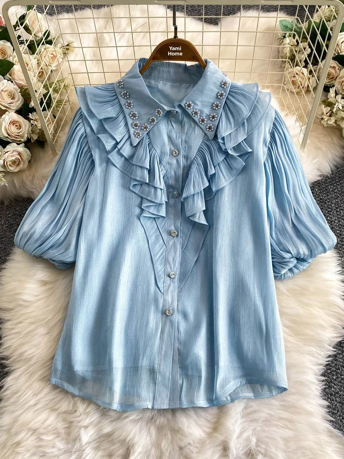 Elegant Heavy Beaded Lace Collar Jacket Women's Style Korean Version Short Sleeve Shiny Snowflake Geomtery Lantern Sleeve Top