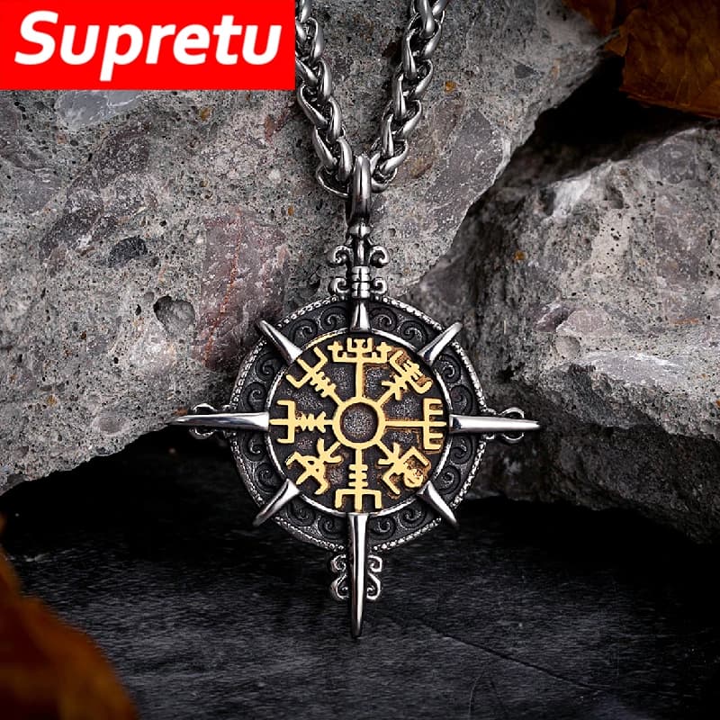Mens Viking Compass collane in acciaio inossidabile a doppia faccia rune Norse pendente Trident con catena in vera pelle amuleto gioielli