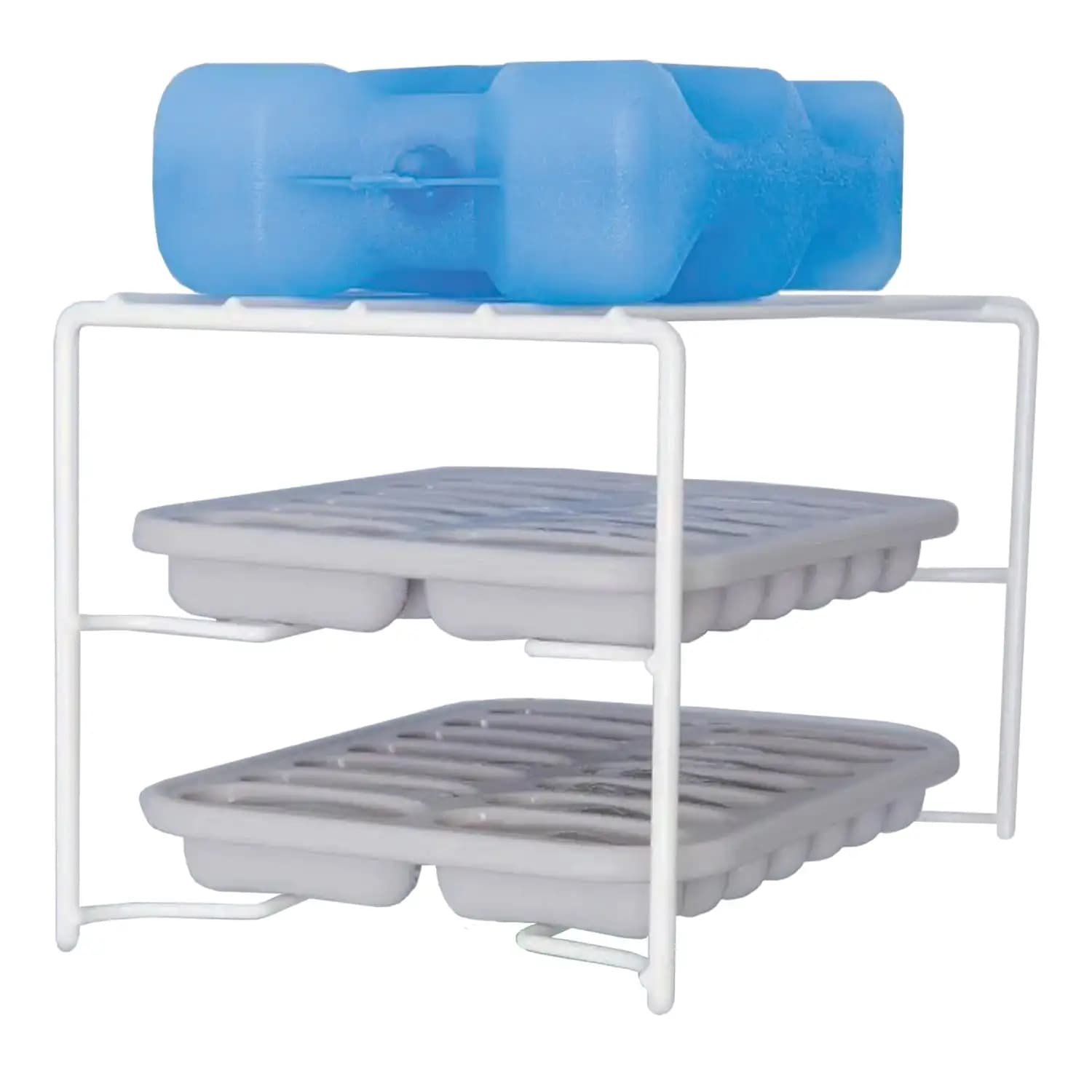 2-Shelf Ice Cube Tray Organizer Storage Rack Plastic White Kitchen Freezer Caddy Holder for Home