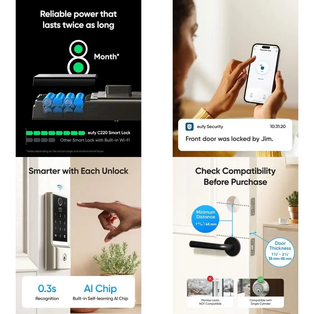 Serratura Intelligente per Porta d'Ingresso con Impronta Digitale, Wi-Fi Integrato, Controllo Remoto via App, Sicurezza per Porta Principale, Resistente all'Acqua, Batteria a Lunga Durata