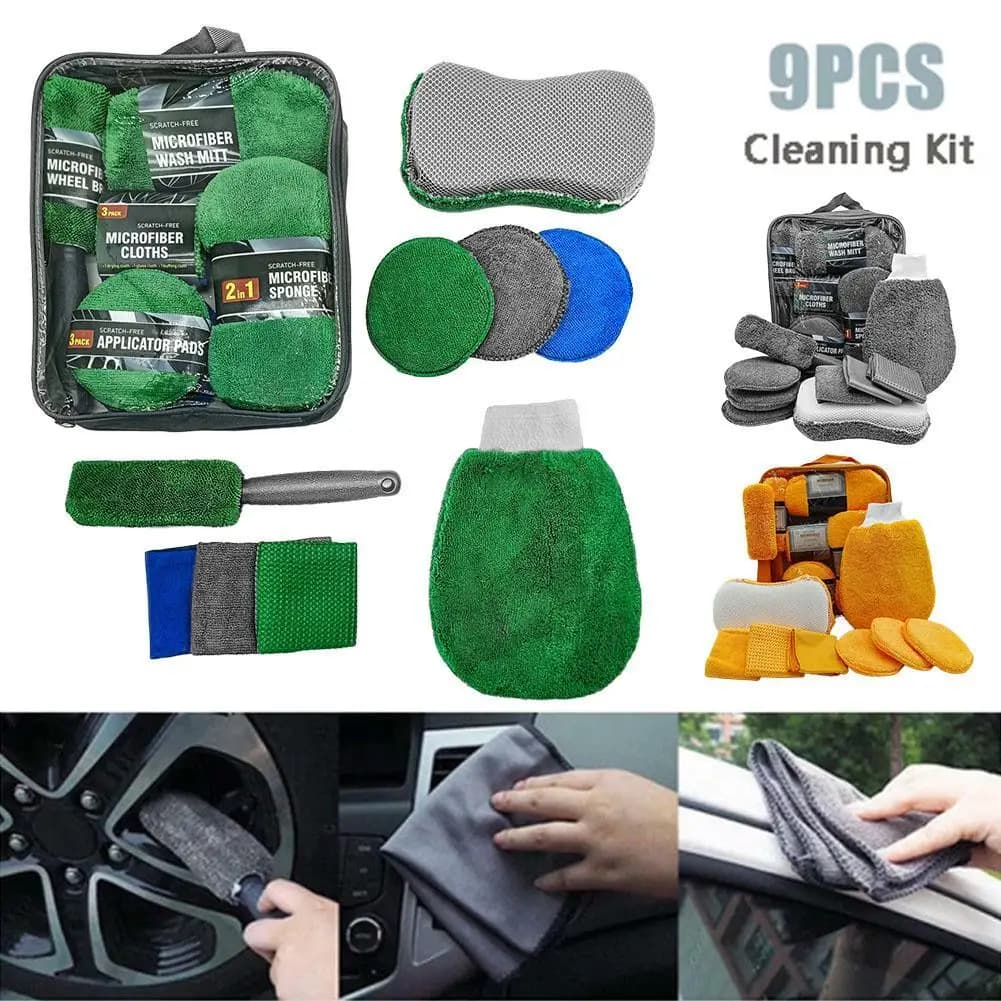9 pezzi/set di salviette per la pulizia di auto e moto, guanti per lavaggio domestico, asciugamani per lavaggio auto, panni per pulizia, spugne per ceretta, spazzole per ruote