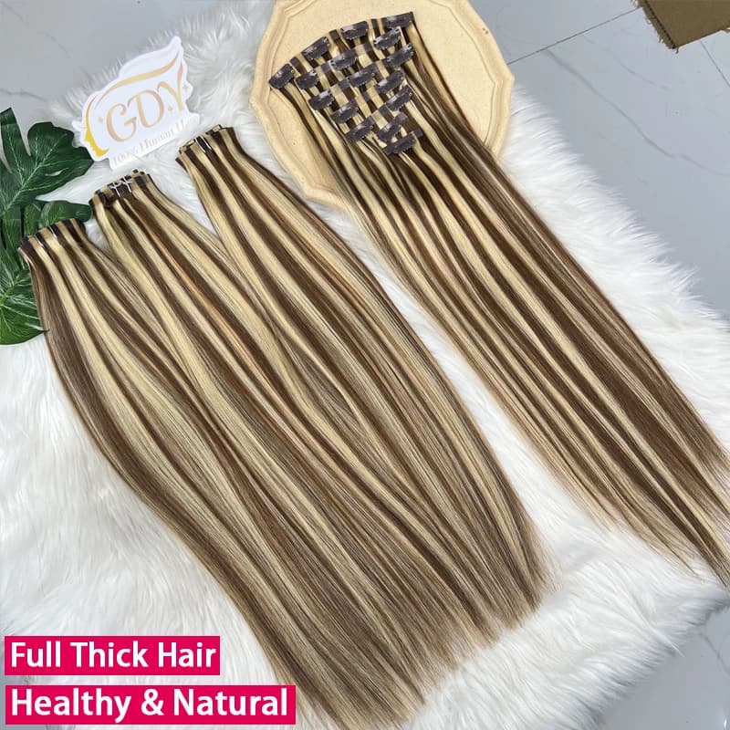 #P427 Color Straight Invisible Seamless Clip in Hair Extensions 100% Human Hair PU Clip Ins 7Pcs/Set Vietnamese Raw Virgin Hair