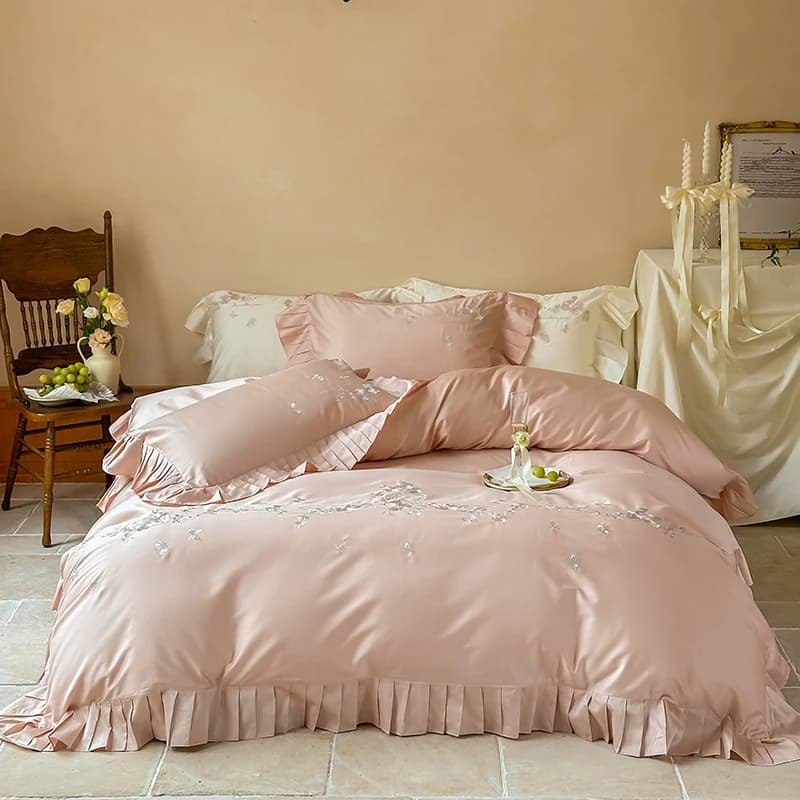 4 pezzi rosa fiori ricamati volant 1000TC set biancheria da letto in cotone egiziano set copripiumino lenzuolo/fodera federe