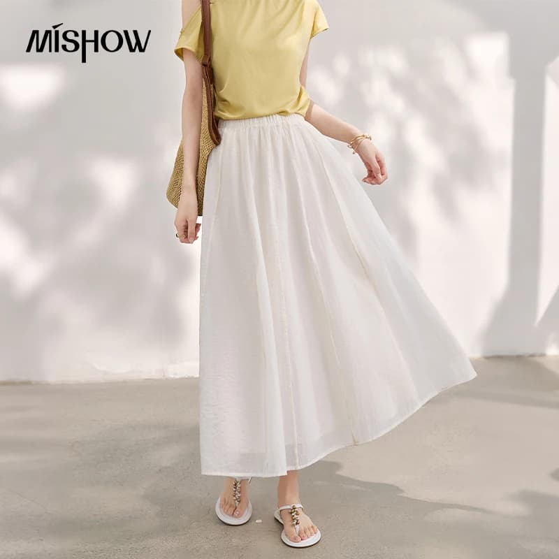 MISHOW Women's Lightweight Chiffon Midi Skirt 2026 Summer Elastic High Waist A Line Flowy Soft Elegant Long Skirt MXF29B2556