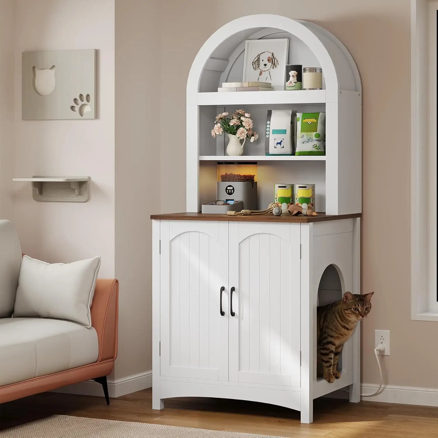 70.8in Large Hidden Cat Litter Box Furniture with Shelves, High-Gloss Modern Litters Box Enclosure for Self-Cleaning Litter