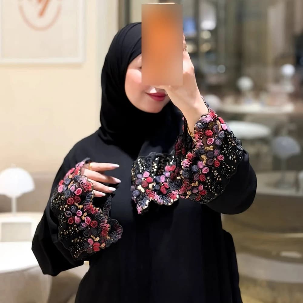 Muslim Women Abaya Dress Hijab 2 Piece Set Eid Party Dresses Cardigan Robe Suit 3D Flowers Kaftan Jalabiya Ramadan Vestidos