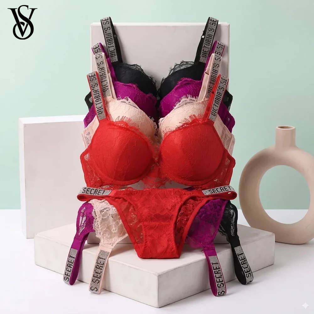 Comodo Set Lingerie Push-up Modellante con Imbottitura Regolabile e Pizzo Arricciato, Nuovo Set Sexy di Reggiseno e Mutandine Victoria's Secret per Donna