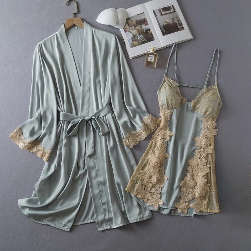 Twinset Women Bathrobe Gown Set Mesh Lace Robe Nightgown Suit Summer Nightdress Sleepwear Satin Kimono Home Wear Clothing