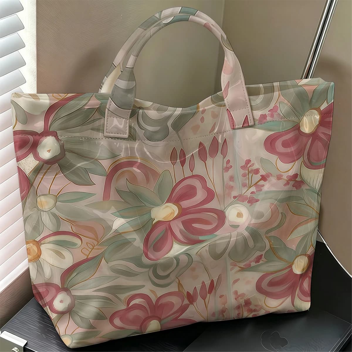 Blush Flowers Stylish Large Glossy PVC Tote Bag Washable Waterproof Durable Ideal for Travel Commute Cosmetics Books Handbags