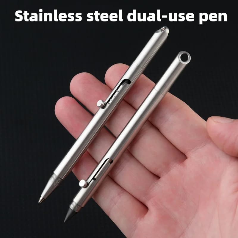 Penna a pressione in acciaio inossidabile Penna per firma in metallo 2 in 1, senza matita per affilare, portachiavi portatile, penna tascabile da viaggio portatile