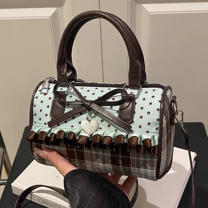 Cushion bag with Korean bow Handbag with star bag Shoulder bag with blue brown pleated edge Shoulder bag with cute heart shaped pendant