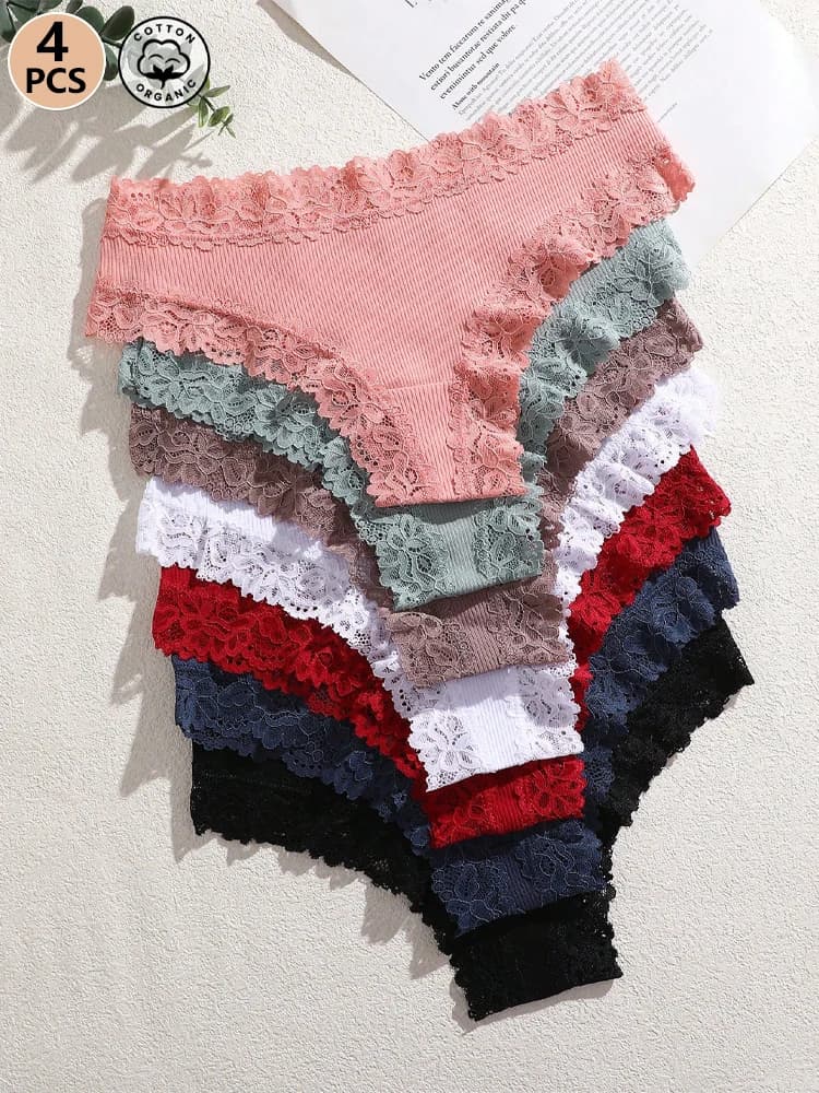 4Pcs Cotton Floral Lace Thongs Underwear Women Sexy Low Waist Brazilian Panties Girl Solid Color Breathable T-Back Soft Lingerie