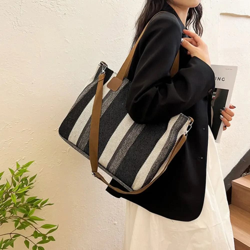 New Cloth Striped Tote Bag Detachable Strap Adjustable Crossbody Bag Dual Handles Large Capacity Handbag Travel