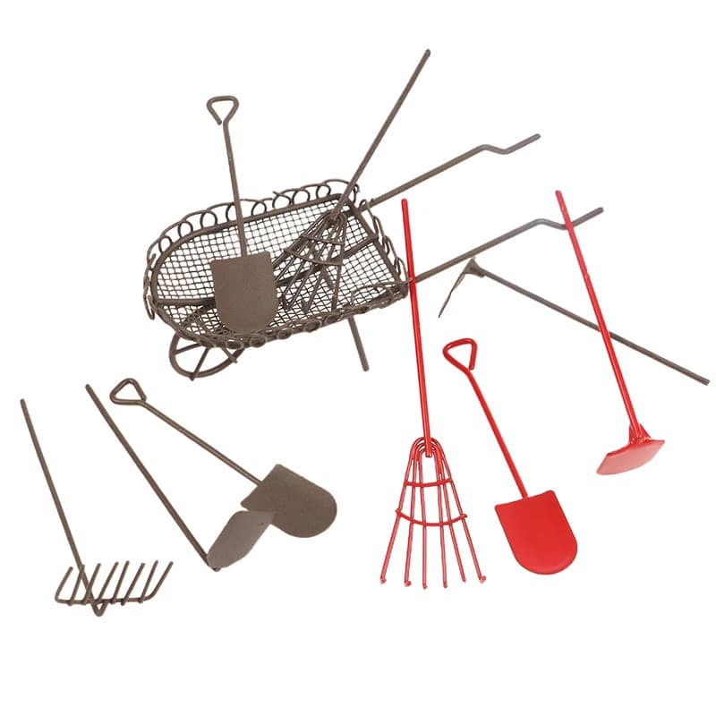 1/12 Simulazione casa delle bambole Kit di attrezzi da giardino Casa delle bambole Pala Rastrello Zappa Carrello Attrezzo agricolo Ornamenti Accessori per la casa delle bambole