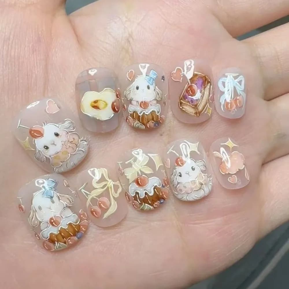 10 Pieces Sweet Cute Long Ears Bunny Handmade Press On Nails Afternoon Tea Cake Cherry Bow Art Fake Nails Removable Reusable