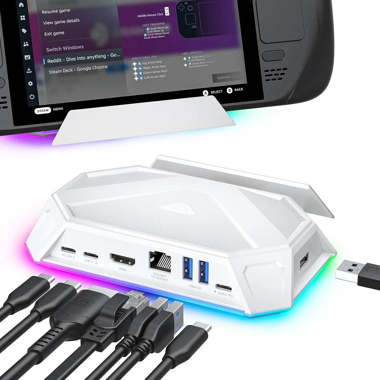 Docking station RGB per Steam Deck (OLED), dock Steam Deck 8 in 1 con HDMI 4K a 60 Hz, Gigabit Ethernet, ricarica USB-C da 100 W