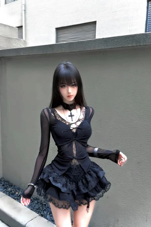 Set di Abbigliamento in Stile Gotico Gagarich, Moda Spicy Girl, Top Finto Due Pezzi Micro Trasparente, Abiti con Inserti in Pizzo