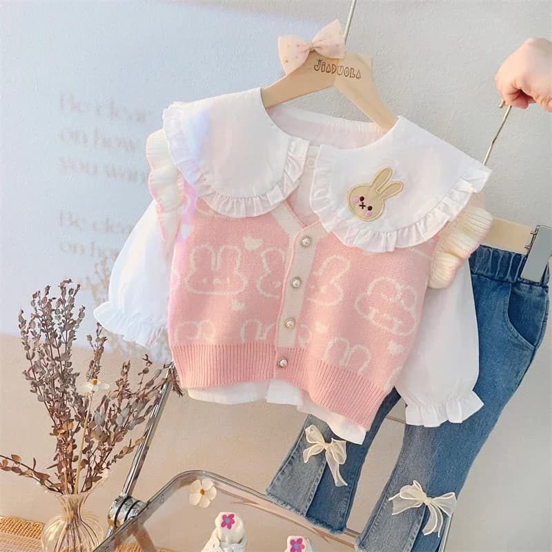 Neonate maglia lavorata a maglia camicia di pizzo Jeans 3 pezzi vestito infantile vestiti del fumetto abiti bambini abbigliamento set abbigliamento sportivo per bambini