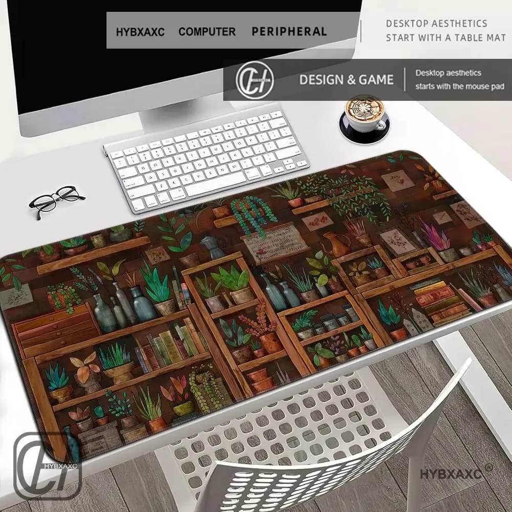 HYBXAXC Vintage Library Plant Shelf Mouse Pad Large Non-Slip Waterproof Extended Gaming Keyboard Mats Large Gamer Mousepad 90x40