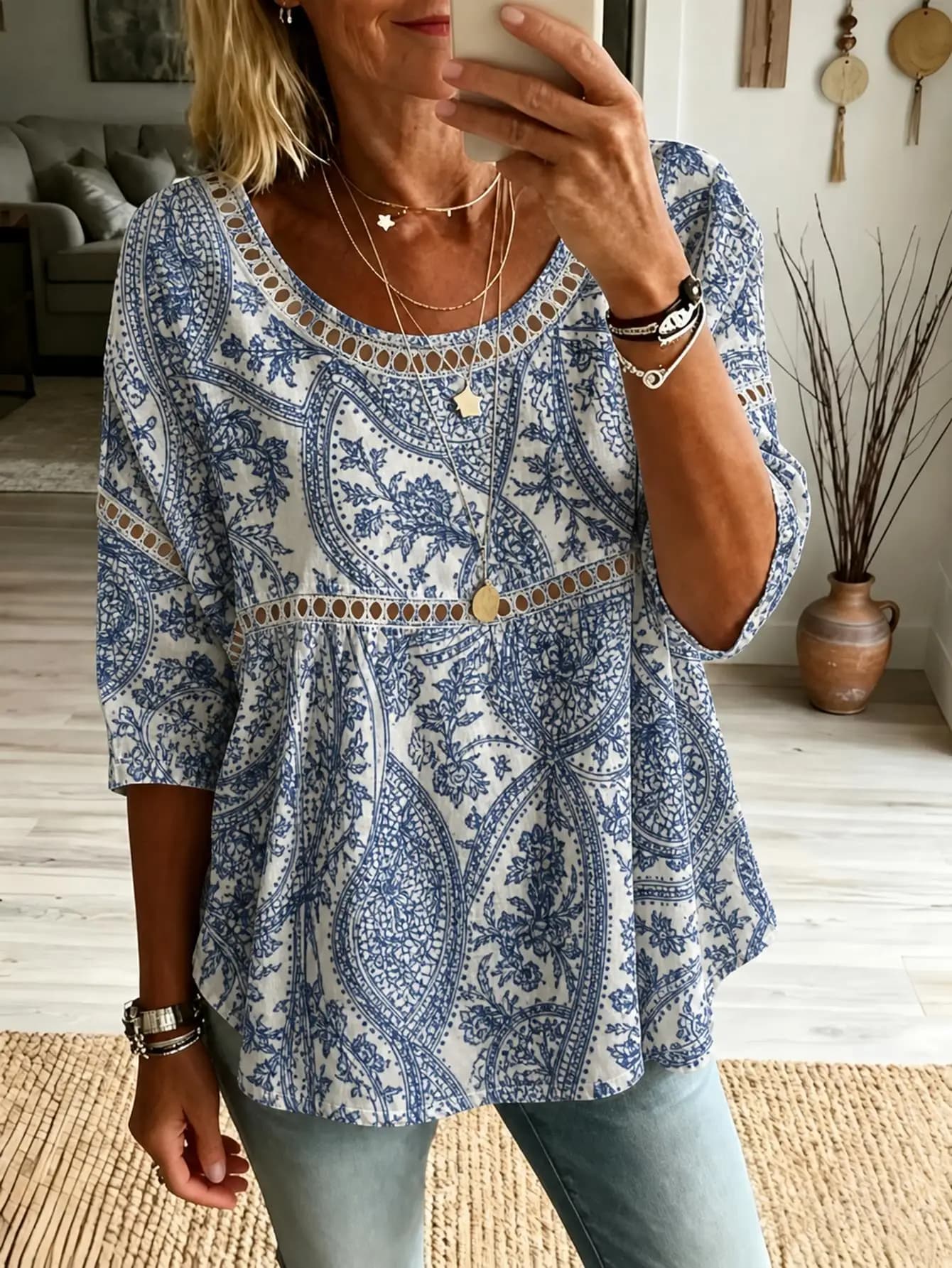 Women Plus Size Blouse 3D Paisley Print Loose Fit 3/4 Sleeve Boho Tunic Top