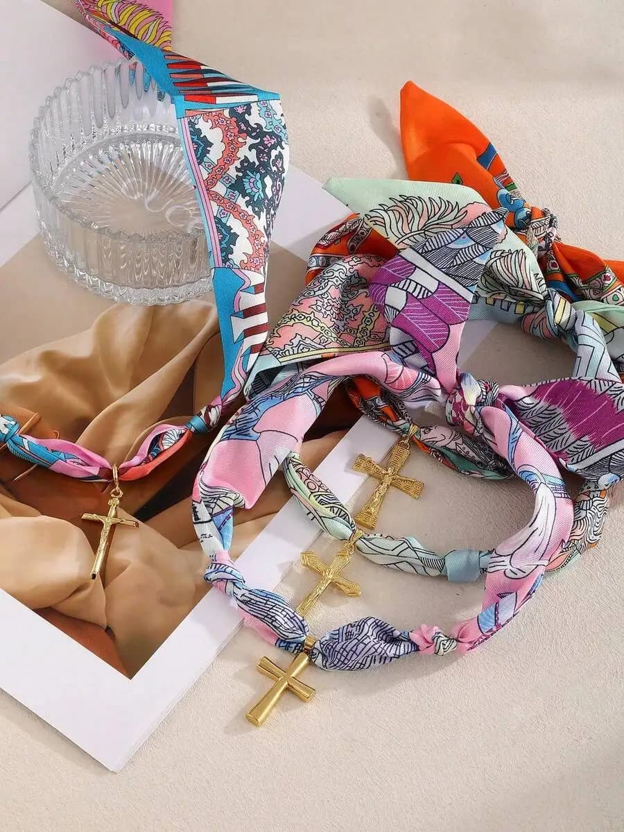 Bohemian Style Religious Cross Pendant Necklace With Silk Scarf Chain For Women